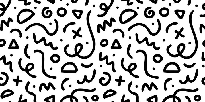 Fun black and white abstract line doodle seamless pattern. Creative minimalist style art background for children or trendy design with basic shapes. Simple childish scribble backdrop.	
