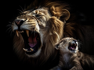 Majestic Lion Roaring Cub, Natural Habitat, Intense Wildlife Moment, High-Resolution, Generative AI