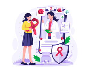 A girl is having an online consultation with a doctor. Cancer disease diagnostic and treatment. Oncologist Online service concept illustration