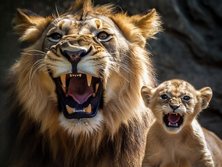 Majestic Lion Roaring Cub, Natural Habitat, Intense Wildlife Moment, High-Resolution, Generative AI