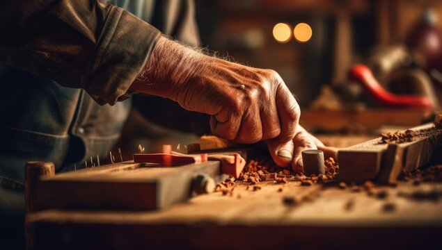 a woodworking man in red gloves working on wood in a workshop with a wood plane, ai generative
