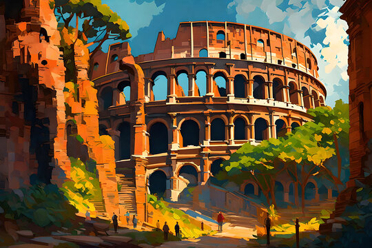 A captivating illustration of the Colosseum transports you to ancient Rome, where gladiators once battled in this magnificent amphitheater, echoing with the echoes of history. | Generative AI