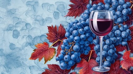A glass of red wine against the background of bunches of different grapes. Banner with place for text.
illustration, generative ai