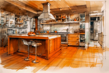 drawings and sketches of a kitchen, orange and grey, generative ai