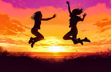 Fototapeta na wymiar two girls jumping in the air at sunset, silhouette, generative ai