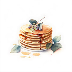 Watercolor Pancakes with blueberries and maple syrup
