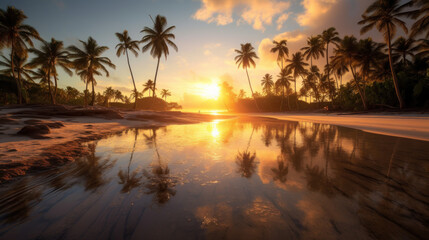 Fototapeta na wymiar Sunset Serenity: A Captivating Low Angle View of a Beach Oasis. Generative AI