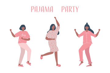 Pajama party. Three young women in pink pajamas are dancing. Slumber party. Vector illustration