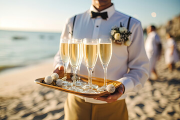 Waiter at a party, carrying a tray with champagne or wine glasses. Outdoor wedding, party on the beach, Generative AI