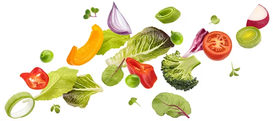 Foto auf Acrylglas Falling vegetables, salad of bell pepper, tomato and lettuce leaves © xamtiw
