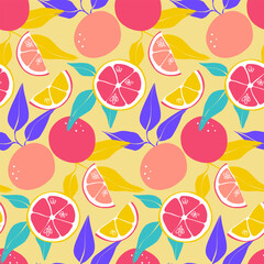 Seamless pattern with bright oranges and leaves in pink colors. Slices of orange, mandarin and clementine. Citrus pattern on a yellow background. Vector illustration in a flat style.