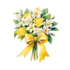 Obraz premium jasmine flower bouquet with a yellow tied bow ribbon,watercolor Illustration isolated on white background for wedding card, cover, invitations.Generative AI