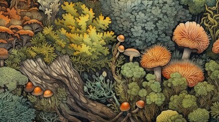 a Horizontal format, Forest floor with mushrooms, lichen, grasses, moss, leaves, background Pattern, Nature-themed, Old world illustration in JPG. Generative AI