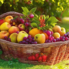 Obraz premium Basket full of fresh fruits is in a garden at summer.