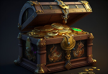 Chest with gold coins. AI Generated