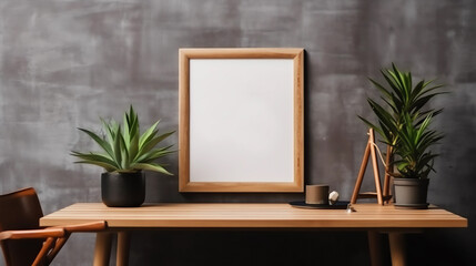 Mock up poster frame in interior with wooden table and green plant in vase