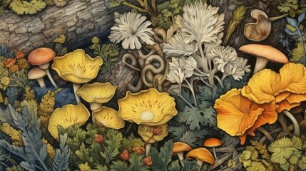 a Horizontal format, Forest floor with hedgehogs, mushrooms, lichens, grasses, moss, leaves, background Pattern, Nature-themed, Old world illustration in JPG. Generative AI