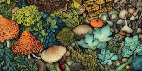a Horizontal format, Forest floor with hedgehogs, mushrooms, lichens, grasses, moss, leaves, background Pattern, Nature-themed, Old world illustration in JPG. Generative AI - obrazy, fototapety, plakaty