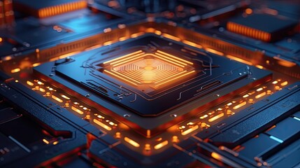 Fototapeta premium Block chain network concept technology virtual reality neon data stream gpu cpu background created with generative ai technology, quantum chip, isolinear chip, integrated circuit board, holographic