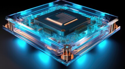 Obraz premium Block chain network concept technology virtual reality neon data stream gpu cpu background created with generative ai technology, quantum chip, isolinear chip, integrated circuit board, holographic