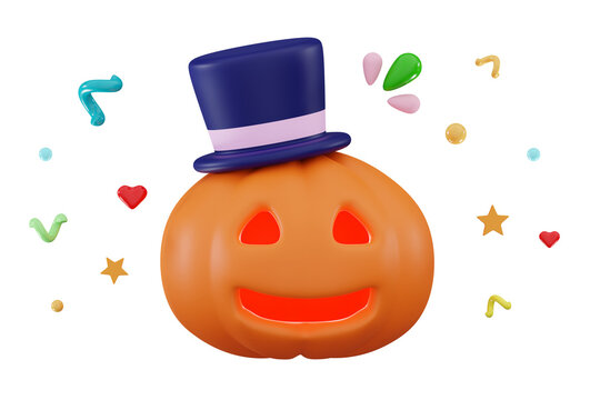 3d Halloween pumpkin Scary pumpkin isolated Festive background Cut scary smile Holiday poster Header for website Pumpkin in hat Minimal 3D rendering illustration 
