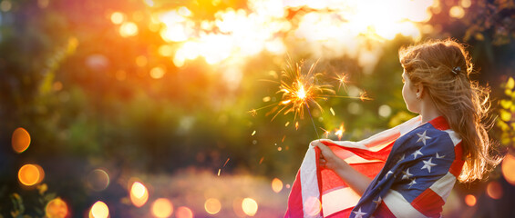 Independence Day - Little Girl With Usa Flag - Proud And Freedom Concept - Patriot With American Flag In Defocused Abstract Sunset - Powered by Adobe