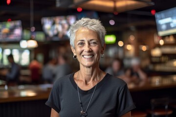 Fototapeta premium Lifestyle portrait photography of a glad mature woman wearing a casual short-sleeve shirt against a lively sports bar background. With generative AI technology