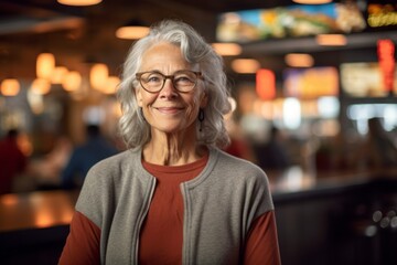 Obraz premium Medium shot portrait photography of a glad mature woman wearing a cozy sweater against a lively sports bar background. With generative AI technology