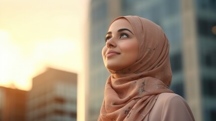 Happy wealthy rich successful middle eastern  businesswoman standing in big city modern skyscrapers street on sunset thinking of successful vision, dreaming of new opportunities. Generative AI