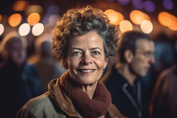 Fototapeta premium Close-up portrait photography of a satisfied mature woman wearing a sophisticated blouse against a lively concert venue background. With generative AI technology
