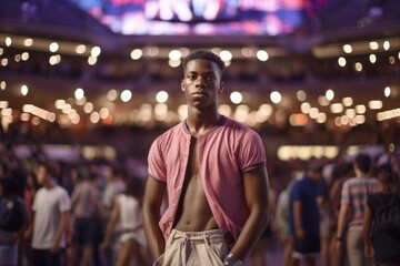 Fototapeta premium Medium shot portrait photography of a glad mature boy wearing breezy shorts against a lively concert venue background. With generative AI technology