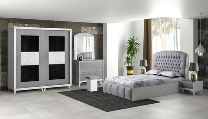 Fototapeta premium 3d rendering bedroom interior and decoration with gray double bed