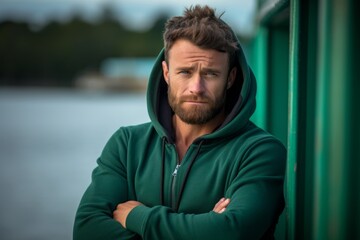 Fototapeta premium Photography in the style of pensive portraiture of a satisfied mature man wearing a cozy zip-up hoodie against a scenic lagoon background. With generative AI technology