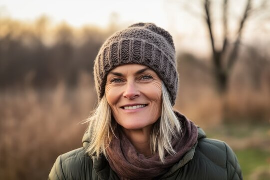 Headshot portrait photography of a grinning mature woman wearing a warm beanie or knit hat against a historic battlefield background. With generative AI technology