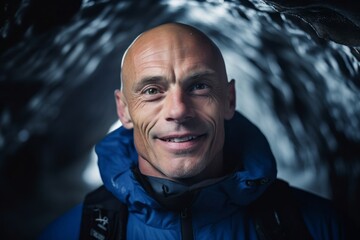 Obraz premium Medium shot portrait photography of a grinning mature boy wearing a sporty polo shirt against a majestic ice cave background. With generative AI technology