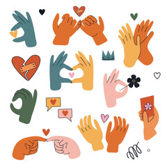 Set of colorful hands holding different objects, hearts, flowers, cards, fingers and gestures. Love message. Colored flat graphic vector illustration isolated on white background.
