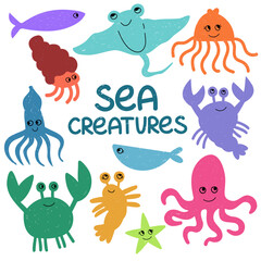 Cute sea creatures and animals vector icons isolated on white background. Marine life. Kawaii cute cartoon style.