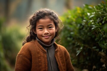 Environmental portrait photography of a grinning kid female wearing a cozy sweater against a serene tea garden background. With generative AI technology