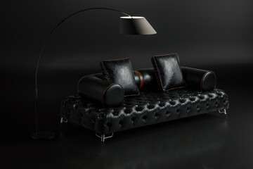 3d render Black sofa in a minimal black background
