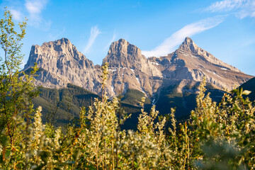 Golden sunset peaks near Banff National Park with Three Sisters at Canmore in view. Sun shining...