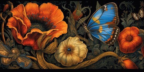 a Horizontal format, Poppies, Roses, Vines, and butterflies. background Pattern, Nature-themed, Old-world illustration in JPG. Generative AI