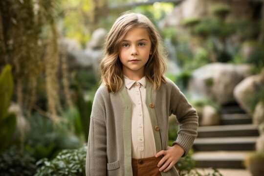Environmental portrait photography of a glad kid female wearing a chic cardigan against a serene rock garden background. With generative AI technology