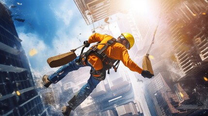 Generative AI construction worker falling from a height of under building construction site but has a safety harness device and tension zip line they are equipped with life-saving safety equipment  - obrazy, fototapety, plakaty