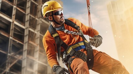 Obraz na płótnie Canvas Generative AI construction worker falling from a height of under building construction site but has a safety harness device and tension zip line they are equipped with life-saving safety equipment 