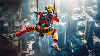 Obraz na płótnie Canvas Generative AI construction worker falling from a height of under building construction site but has a safety harness device and tension zip line they are equipped with life-saving safety equipment 