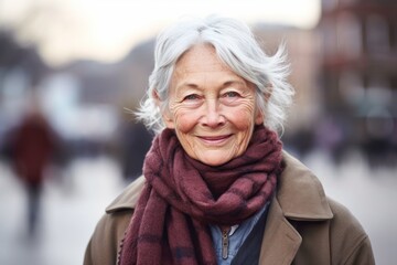 Fototapeta premium Close-up portrait photography of a happy old woman wearing a cozy winter coat against a bustling university campus background. With generative AI technology