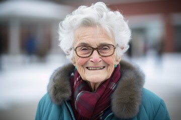Close-up portrait photography of a happy old woman wearing a cozy winter coat against a bustling university campus background. With generative AI technology