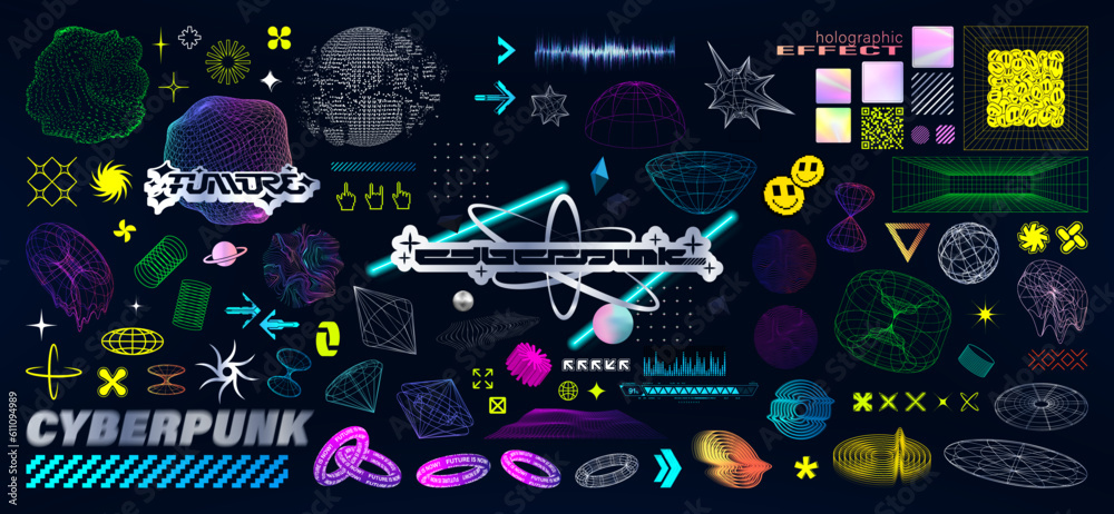 Poster neon and 3d shapes in y2k style, universal geometric shapes, holographic stickers, trendy design fro