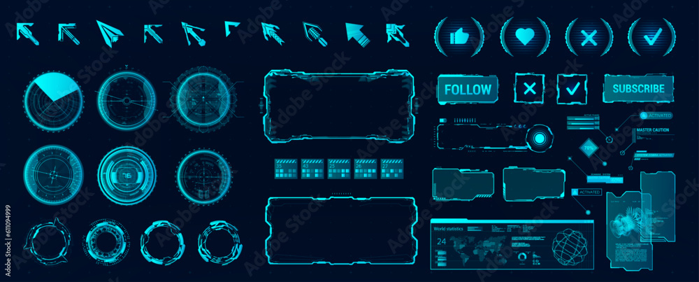 Poster sci-fi hud elements: frame, arrows, buttons, bar labels, info bars, circle gadgets for ui, ux, game 