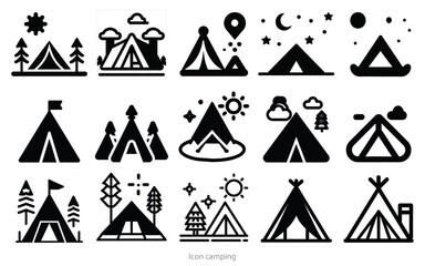 camping logos, camp and trees line, Tent Icon Set. camping tent icon or logo isolated sign symbol vector illustration